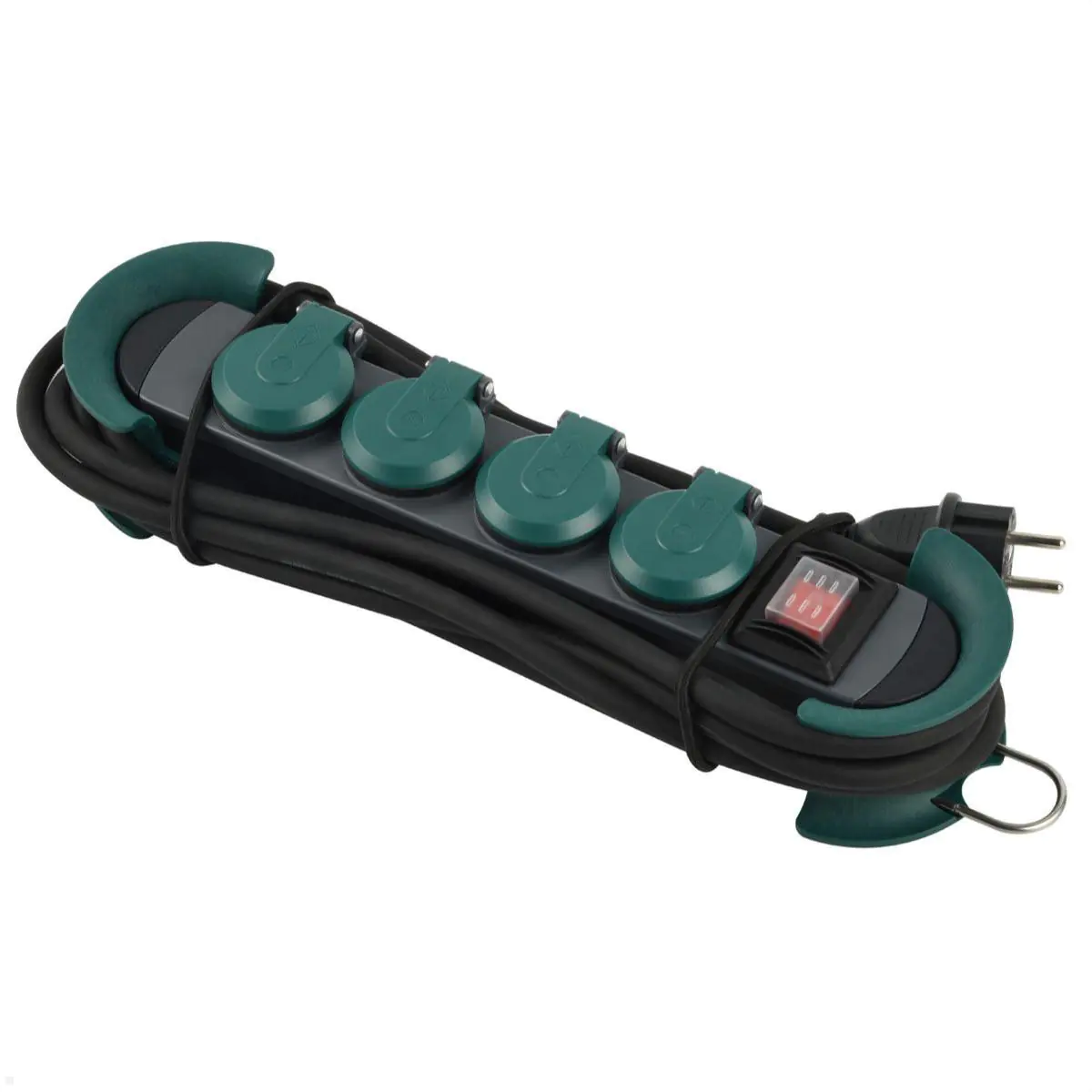 Bachmann HOOK Outdoor, 4-fach, IP44, mit Haken schwarz/grün, mit Schalter, 4,0m