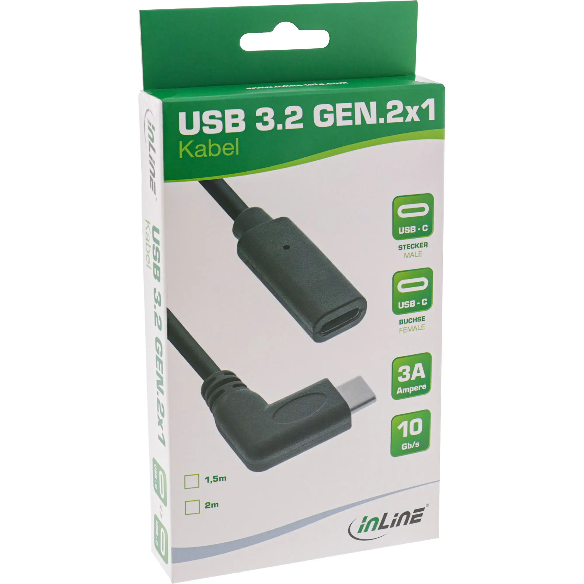 InLine - USB-Verlängerungskabel - 24 pin USB-C (M) gewinkelt zu 24 pin USB-C (W) - USB 3.2 Gen 1 - 3 A - 2 m - unterstützt Stromversorgung - Schwarz