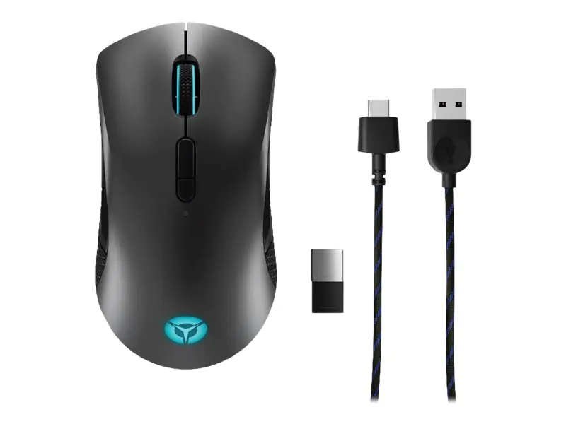 Lenovo Legion M600 Gaming Mouse - Maus - ergonomisch - rechts- und linkshändig - optisch - 9 Tasten - kabellos, kabelgebunden - 2.4 GHz, USB 2.0, Bluetooth 5.0 - schwarz (Gestell), Stingray (Oberseite) - retail - CRU