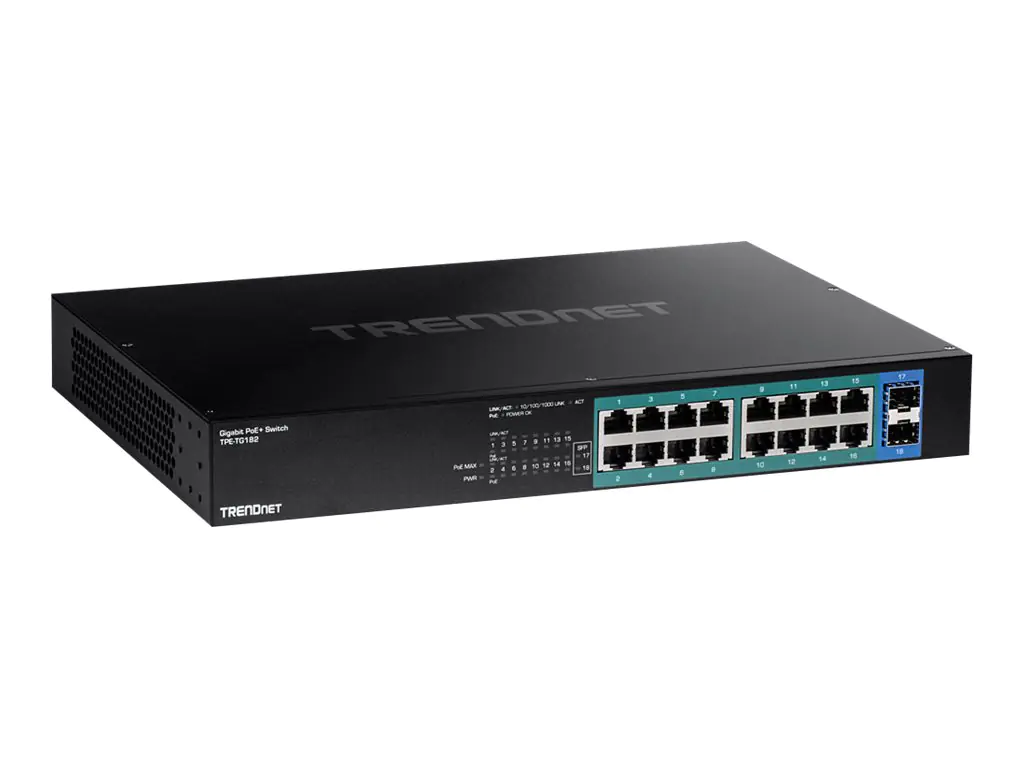 TRENDnet TPE TG182 - Switch - 16 x 10/100/1000 (PoE+) + 2 x SFP - an Rack montierbar - PoE+ (240 W) - TAA-konform