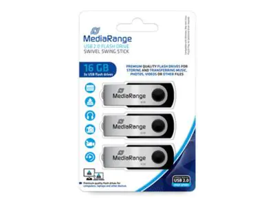 MediaRange - USB-Flash-Laufwerk - 16 GB - USB 2.0 - Grau, Schwarz (Packung mit 3)
