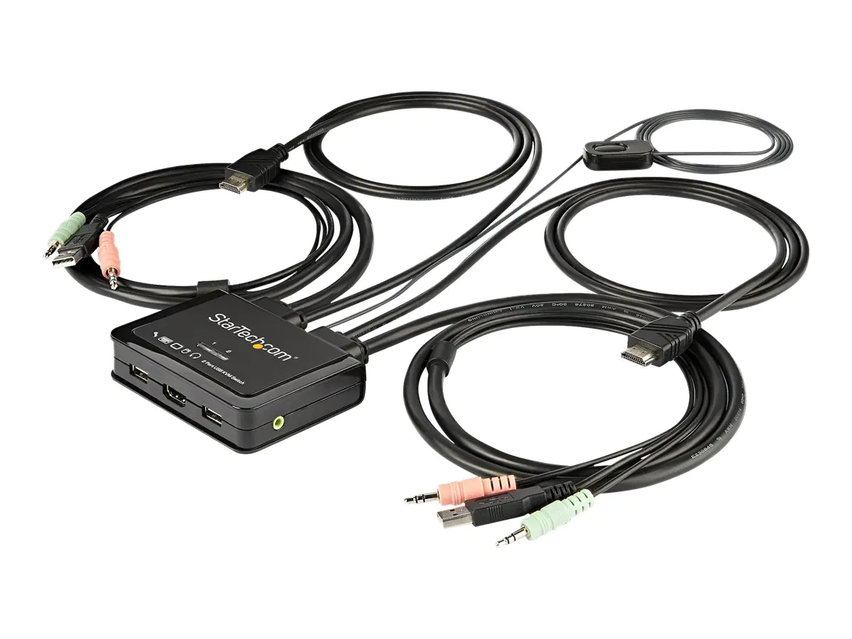 StarTech 2 Port HDMI KVM Switch, 4K 60Hz, Compact Dual Port UHD/Ultra HD USB Desktop KVM Switch with Integrated 4ft Cables & Audio, Bus Powered & Remote Switching, MacBook ThinkPad - 4K KVM Switch w/ Audio (SV211HDUA4K) - KVM-/Audio-Switch - 2 x KVM/Audio