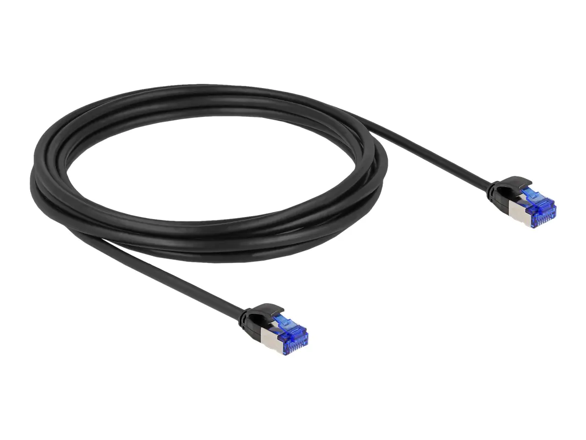 Delock - Patch-Kabel - RJ-45 (M) zu RJ-45 (M) - 3 m - 4.5 mm - S/FTP - CAT 6a - halogenfrei, ohne Haken - Schwarz