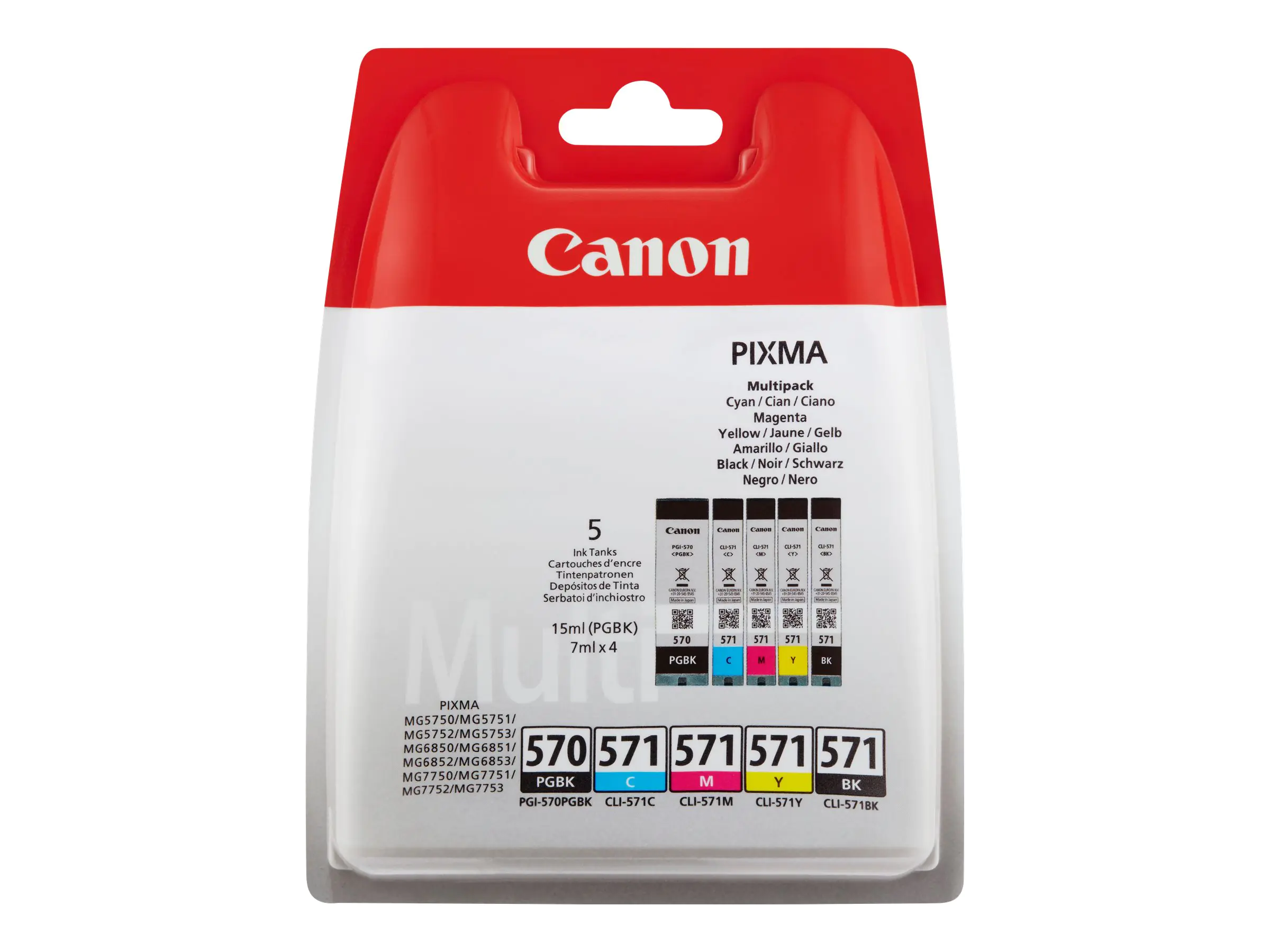 Canon PGI-570/CLI-571 PGBK/BK/C/M/Y Multi Pack - 5er-Pack - Schwarz, Gelb, Cyan, Magenta - Original - Blisterverpackung - Tintenbehälter - für PIXMA TS5051, TS5053, TS5055, TS6050, TS6051, TS6052, TS8051, TS8052, TS9050, TS9055