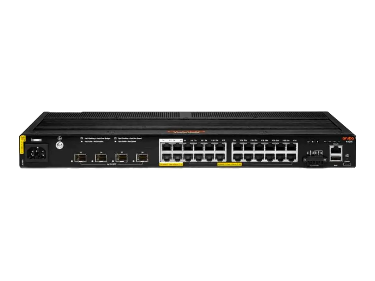 HPE Aruba 4100i - Switch - 20 x 10/100/1000 (PoE Class 4) + 4 x 10/100/1000 (PoE Class 6) + 4 x SFP+ - an Rack montierbar - PoE Class 4 / PoE Class 6
