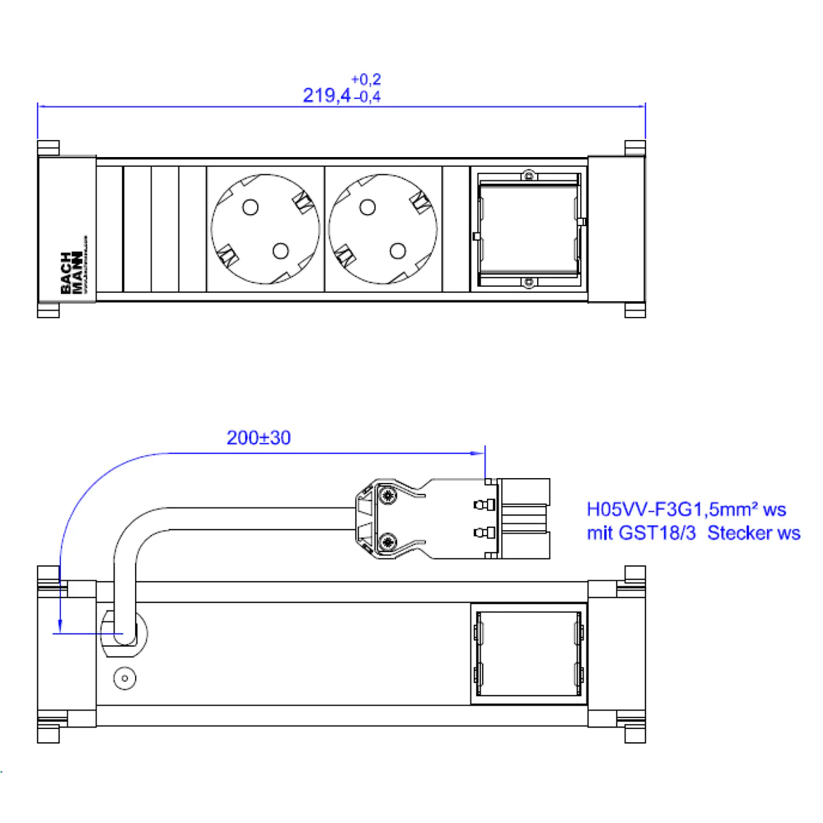 Bachmann POWER FRAME 2xCEE7/3916.7011xCM 0 2m GST18 RAL9010
