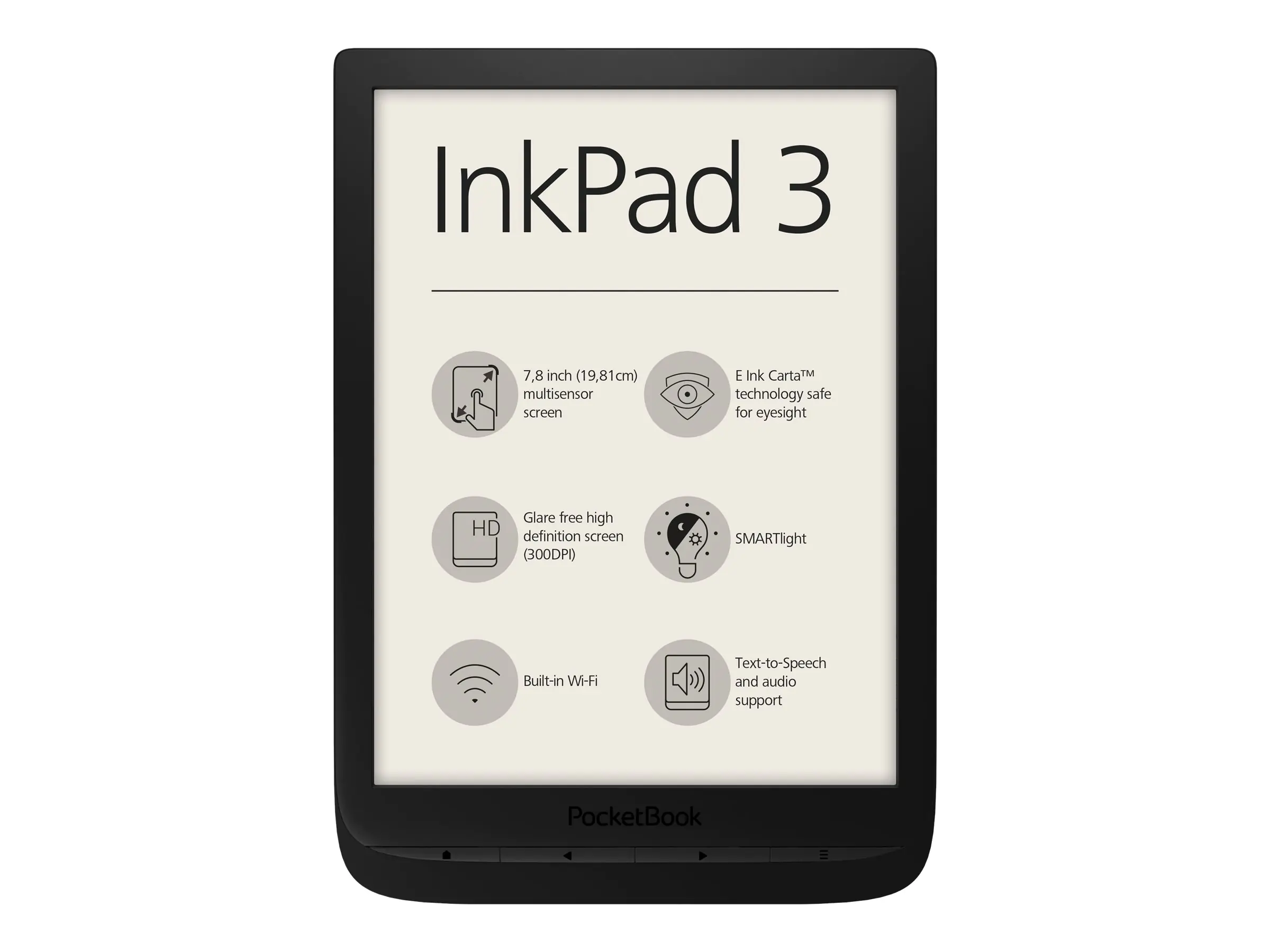 PocketBook InkPad 3 - eBook-Reader - 8 GB - 19.8 cm (7.8") einfarbig E Ink Carta (1872 x 1404) - Touchscreen - microSD-Steckplatz - Wi-Fi - Schwarz