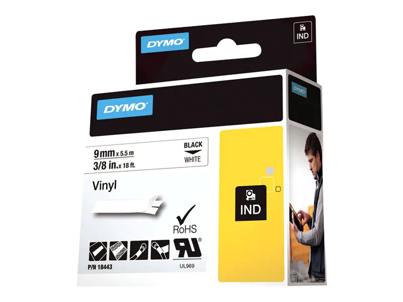 DYMO IND - Vinyl - Klebstoff - Schwarz auf Weiß - Rolle (0,9 cm x 5 m) 1 Kassette(n) Etikettenband - für LabelMANAGER 210, 280, 360, 420, PnP; Rhino 4200, 5200; RhinoPRO 6000
