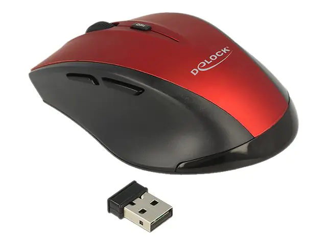 DeLOCK - Maus - ergonomisch - Für Rechtshänder - optisch - 5 Tasten - kabellos - 2.4 GHz - kabelloser Empfänger (USB) - Schwarz / Rot - retail