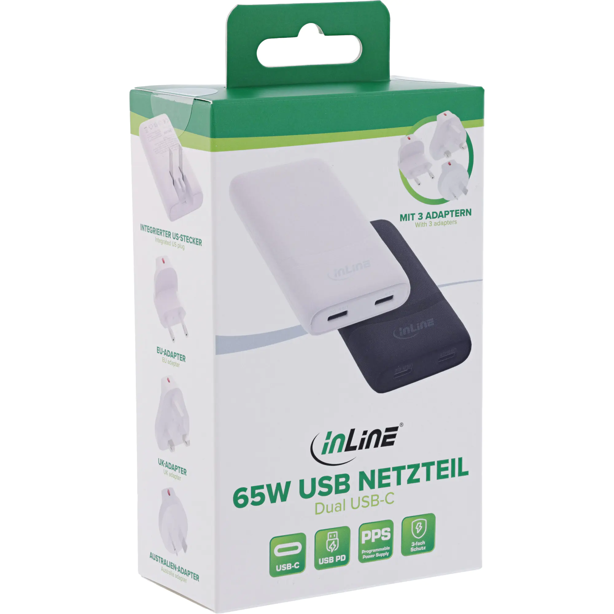 InLine USB Netzteil Ladegerät - Dual USB-C - PD - PPS - 65W - flach - weiß