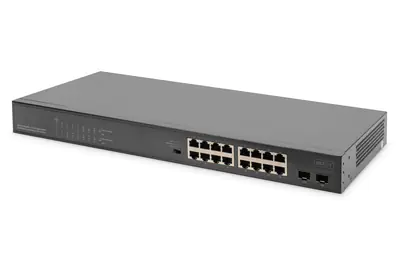 Digitus DN-95347-1 - Switch - 19" - unmanaged - 16 x 10/100/1000 (PoE+) + 2 x Gigabit SFP (Uplink) - an Rack montierbar - PoE+ (247 W)