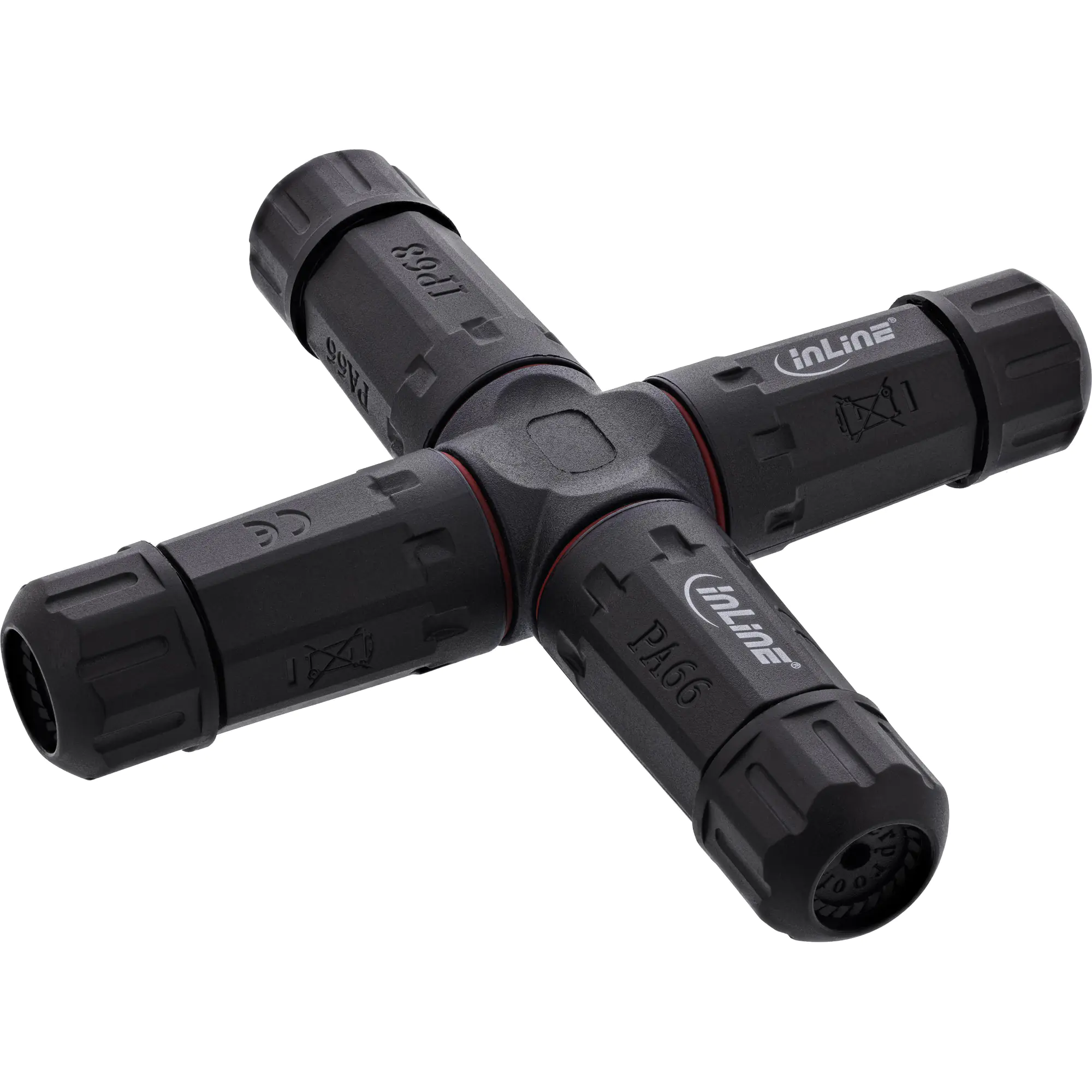 InLine Netzkabelkupplung - IP68 - 3-polig - 4 -Wege - M20 - schwarz