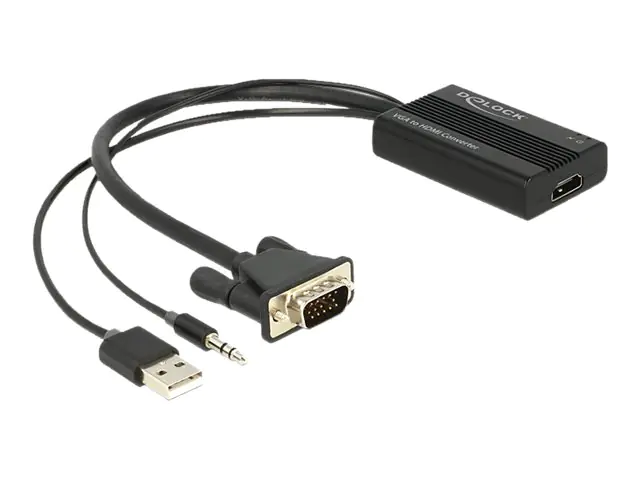 Delock VGA to HDMI Adapter with Audio - Video- / Audio-Adapter - 15 pin D-Sub (DB-15), Mini-Stecker, USB (nur Strom) männlich zu HDMI weiblich - 25 cm - Schwarz