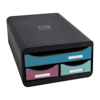Exacompta Schubladenbox SMALL-BOX Mini 3 Schubladen DIN A4, Überbreite Polystyrol Gehäusefarbe: schwarz Farbe der Schublade: mehrfarbig