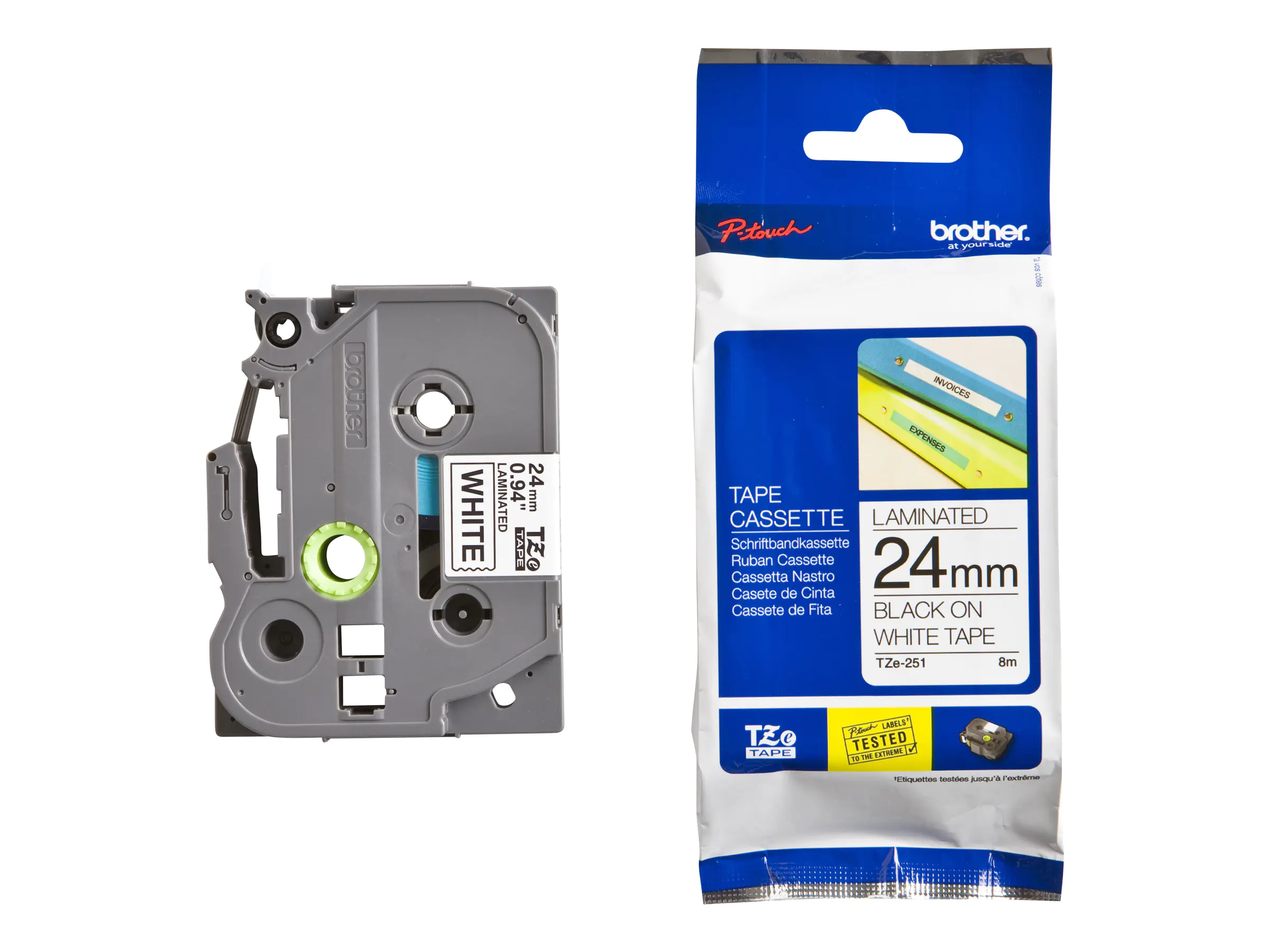 Brother TZe-251 - Standard-Klebstoff - Schwarz auf Weiß - Rolle (2,4 cm x 8 m) 1 Kassette(n) laminiertes Band - für P-Touch PT-2730, 3600, 9700, D600, D800, E500, E550, E800, H500, P700, P750, P900, P950