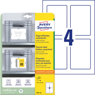 Avery Zweckform Avery 8001-20, Hellgrau, Weiß, Selbstklebendes Druckeretikett, A4, Polyester, Polypropylen (PP), Glanz, Rechteck