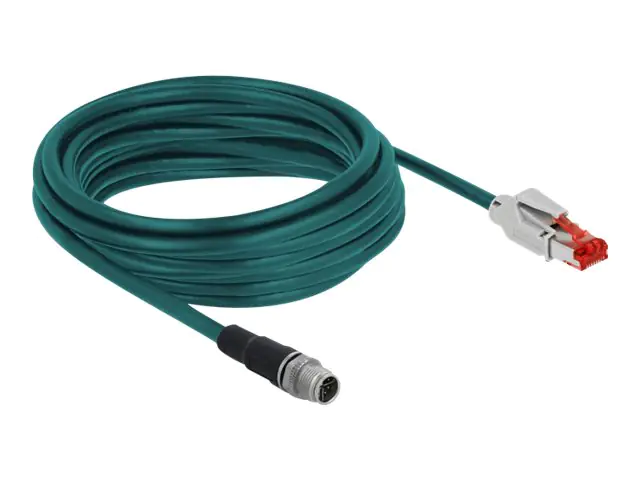 Delock - Patch-Kabel - 8-polig M12 (M) zu RJ-45 (M) - 5 m - SF/UTP - CAT 5e - ohne Haken - Wasserblau
