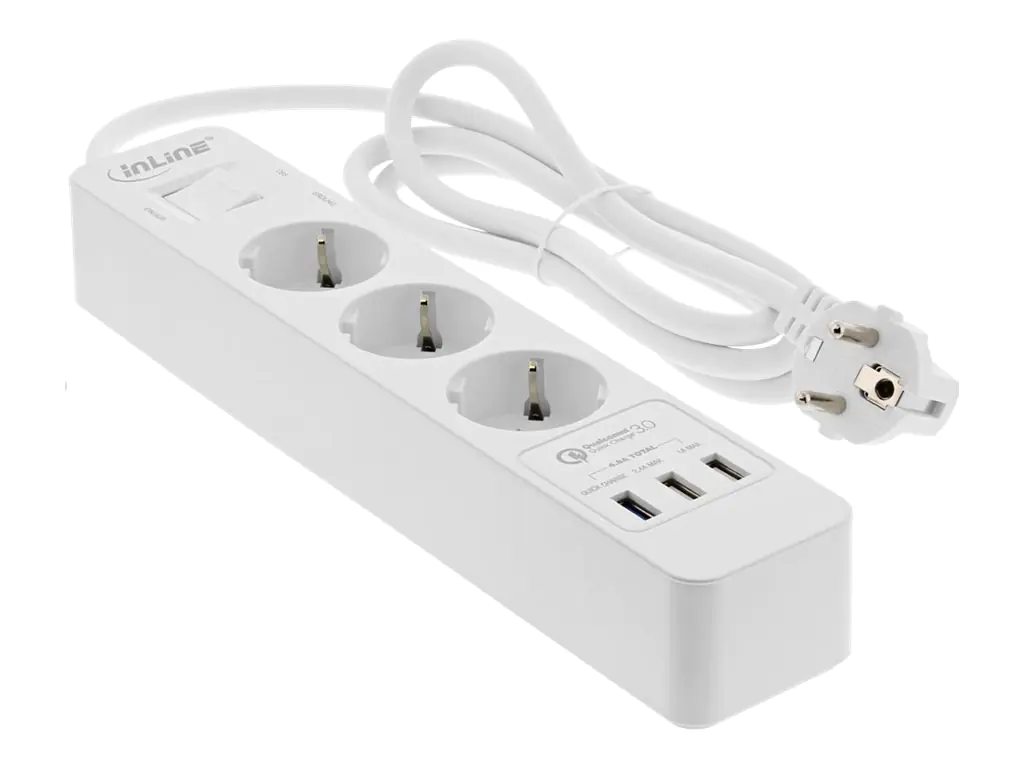 InLine - Steckdosenleiste - AC 220-250 V - 4000 Watt - Ausgangsanschlüsse: 3 (3 x USB Typ A, 3 x Strom Typ F) - 1.5 m Schnur - Deutschland - weiß