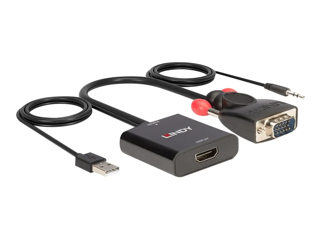Lindy - Videoadapter - HD-15 (VGA), mini-phone stereo 3.5 mm, USB (nur Strom) männlich zu Mini-Stecker, HDMI weiblich - 60 cm - Schwarz