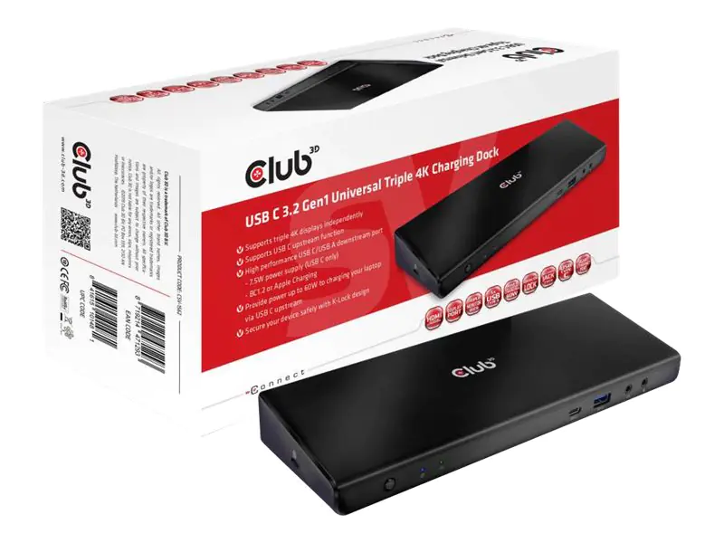 Club 3D SenseVision Connect USB C 3.2 Gen1 Universal Triple 4K Charging Dock - Dockingstation - USB-C 3.2 - 3 x HDMI, 2 x DP - 1GbE
