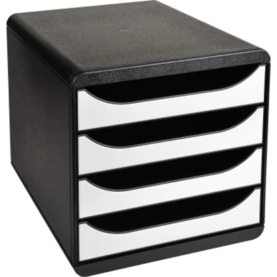 Exacompta Schubladenbox BIG-BOX 4 Schubladen DIN A4, Überbreite Polystyrol Gehäusefarbe: schwarz Farbe der Schublade: weiß glossy