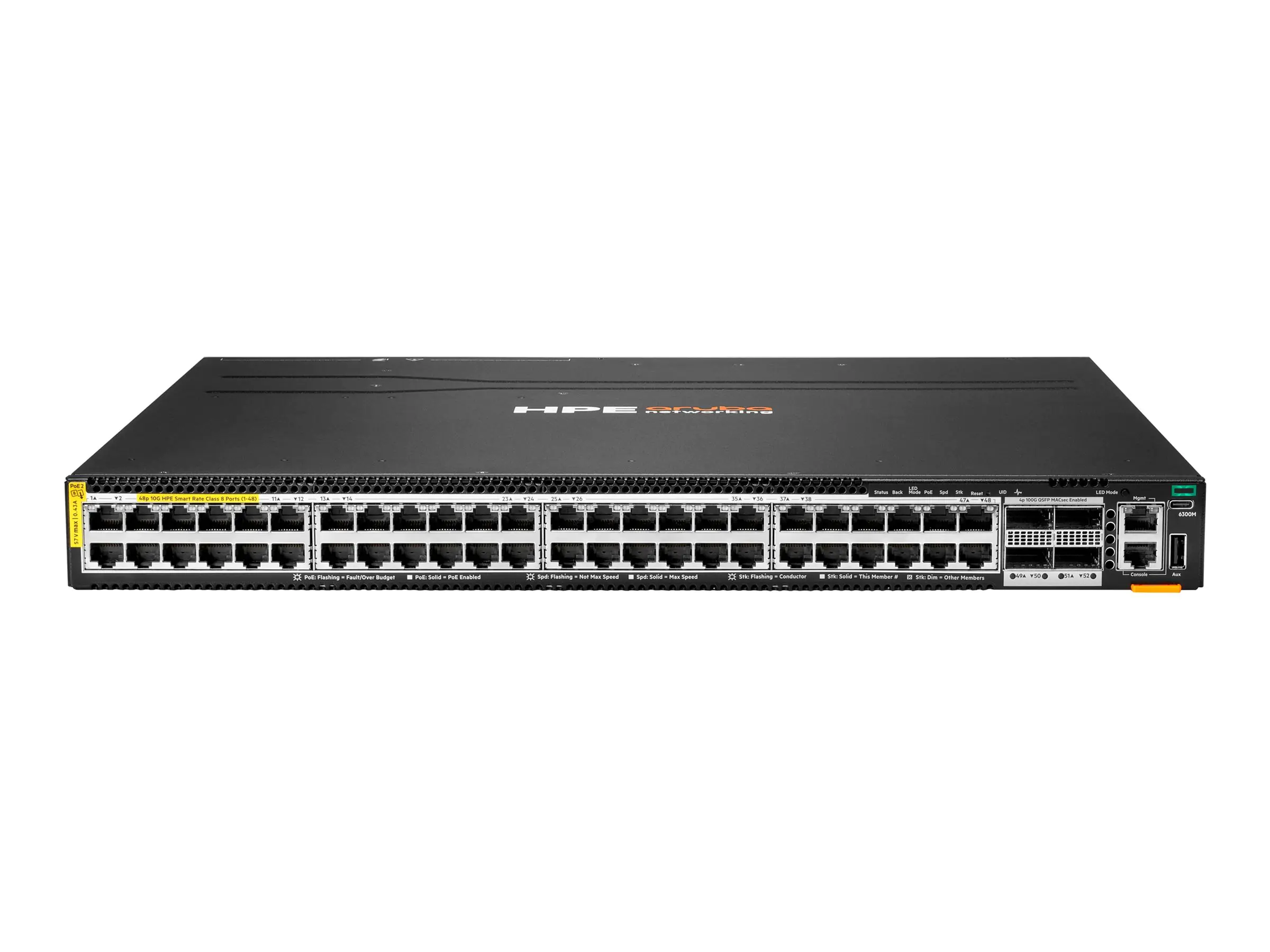 HPE Aruba Networking CX 6300M 48p SR10 1G/2.5G/5G /10G PTP/AVB Class8 PoE 4p 100G MACsec Switch -