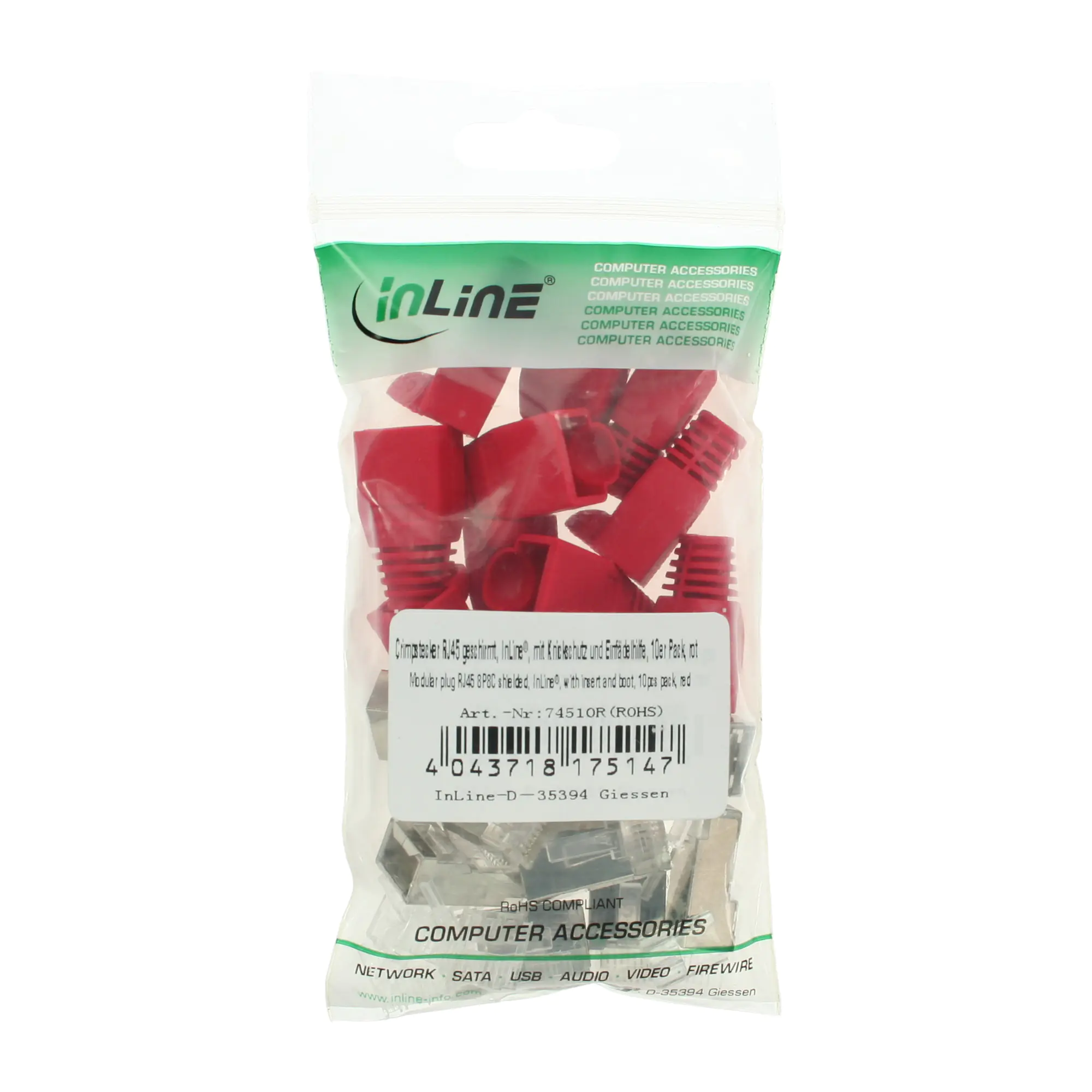 InLine Crimpstecker RJ45 geschirmt - Knickschutz rot - 10er Pack 74510R