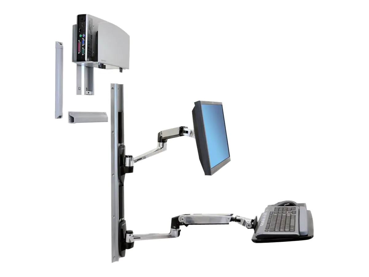 Ergotron LX Wall Mount System - Befestigungskit (Wandarm, Maushalterung, 2 Schienenabdeckungen, Tastaturarm, 2 Kabelkanäle, Handgelenkkissen, Wandschiene 10", Wandschiene 34", CPU Abstandhalter, Montagesystem mit CPU-Halterung und Armen, medium CPU holder