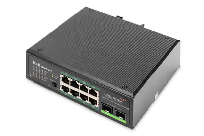 DIGITUS DN-651110 - Switch - unmanaged - 8 x 10/100/1000 (PoE+) + 2 x Gigabit SFP (Uplink) - an DIN-Schiene montierbar - PoE+ - DC power