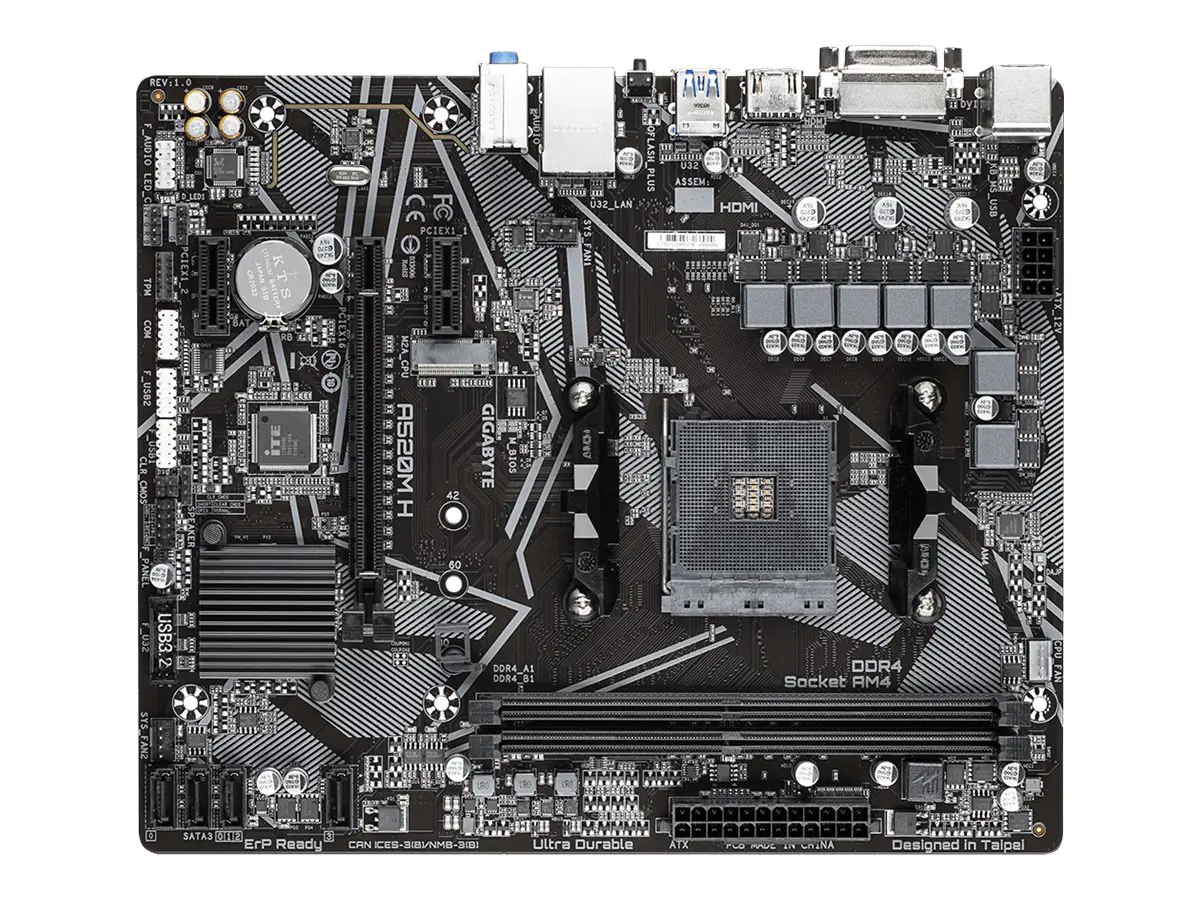 Gigabyte A520M H - 1.0 - Motherboard - micro ATX - Socket AM4 - AMD A520 Chipsatz - USB 3.2 Gen 1 - Gigabit LAN - Onboard-Grafik (CPU erforderlich) - HD Audio (8-Kanal)