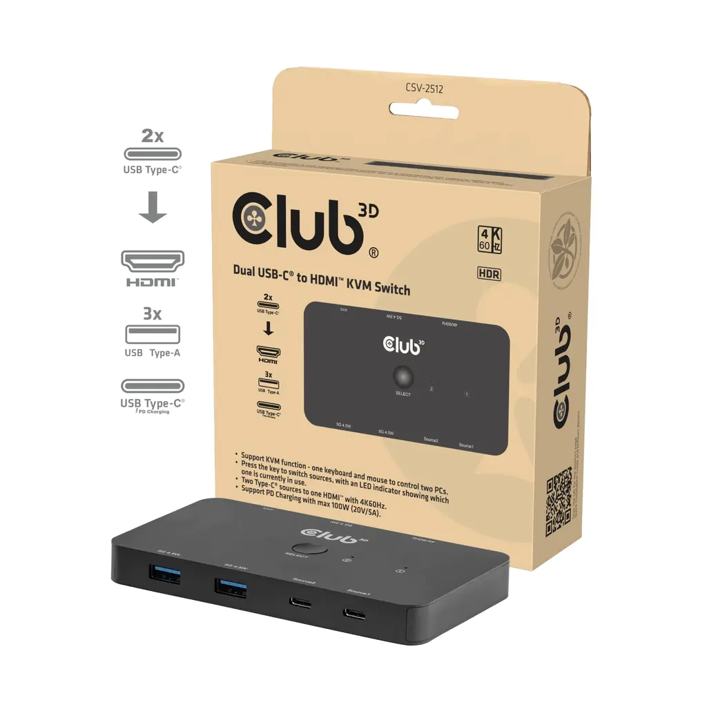 Club 3D KVM-Switch Dual USB-C auf HDMI 4K 60 Hz PD3.0 100W