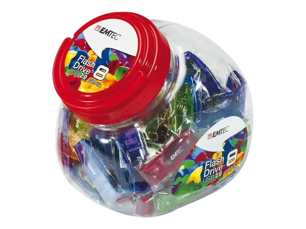 EMTEC C410 Color Mix Candy jar - USB-Flash-Laufwerk - 32 GB - USB 2.0 - Candy Red, Bonbonblau, gelbe Lackierung, Candy Green, Bonbonviolett (Packung mit 80)