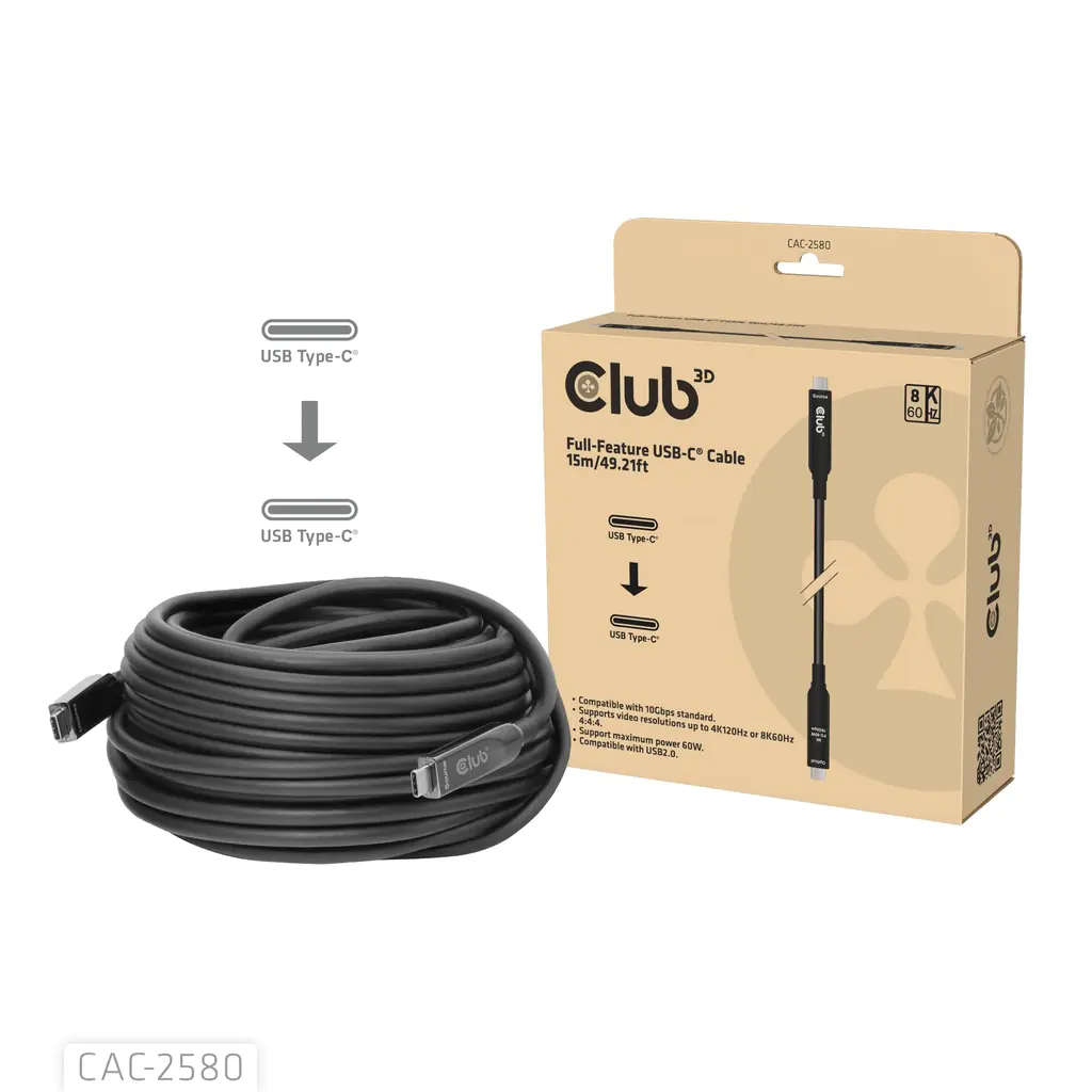 Club 3D USB-C AOC-Kabel 8K/10Gbps/60W - Kabel - Digital/Daten