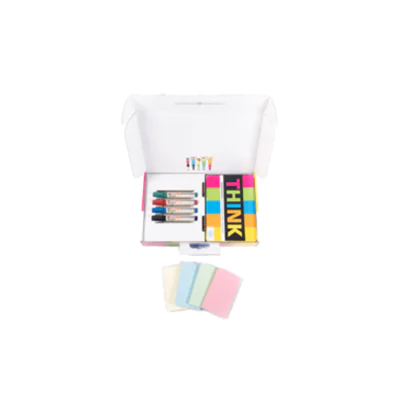 Playroom Starterset THINK FLIP 1 x Satz THINK-Workshopkarten (35 gedruckte Karten), 4 x EcoLine edding Marker (rot, blau, grün, schwarz), 4 x Haftnotizenpackungen