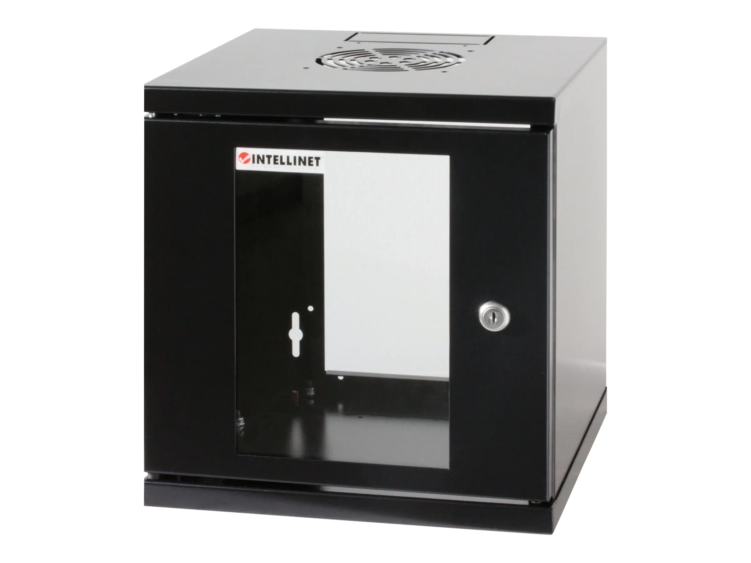 Intellinet Network Cabinet, Wall Mount (Standard), 15U, Usable Depth 500mm/Width 540mm, Black, Assembled, Max 60kg, Metal & Glass Door, Back Panel, Removeable Sides,Suitable also for use on desk or floor,19",Parts for wall install (eg screws/rawl plu