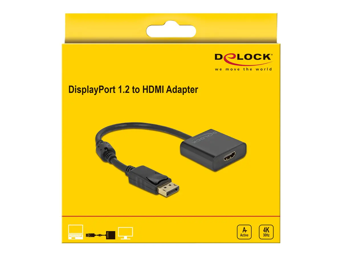 Delock - Videoadapter - DisplayPort männlich eingerastet zu HDMI weiblich - 20 cm - Schwarz - aktiv, Support von 4K 30 Hz