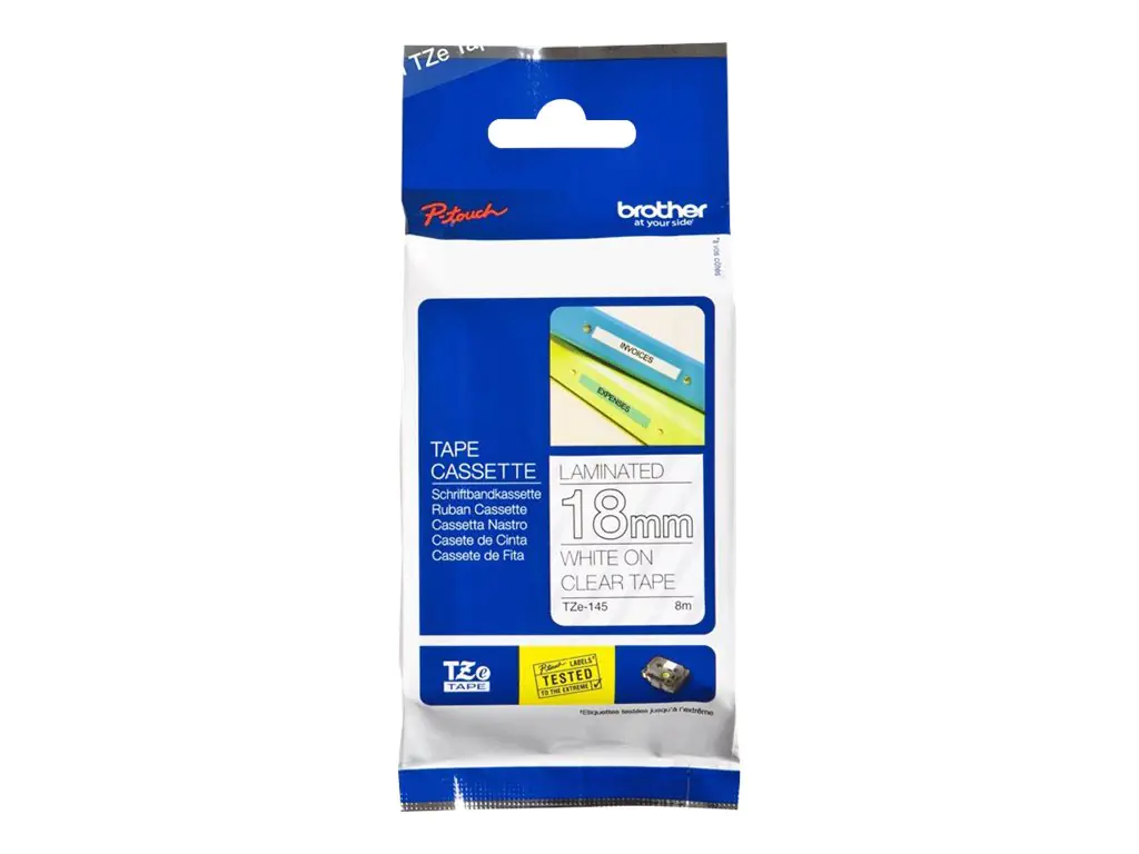 Brother TZe-145 - Standard-Klebstoff - weiß auf durchsichtig - Rolle (1,8 cm x 8 m) 1 Kassette(n) laminiertes Band - für Brother PT-D600; P-Touch PT-1880, D450, D800, E310, E550, E800, P900, P950