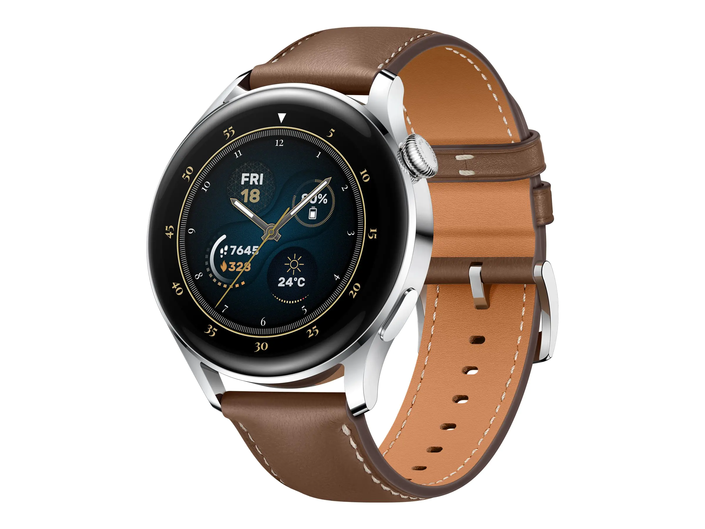 Huawei Watch 3 - Classic Edition - 46 mm - Edelstahl - intelligente Uhr mit Riemen - Leder - braun - Anzeige 3.6 cm (1.43") - 16 GB - Wi-Fi, LTE, NFC, Bluetooth - 4G - 54 g