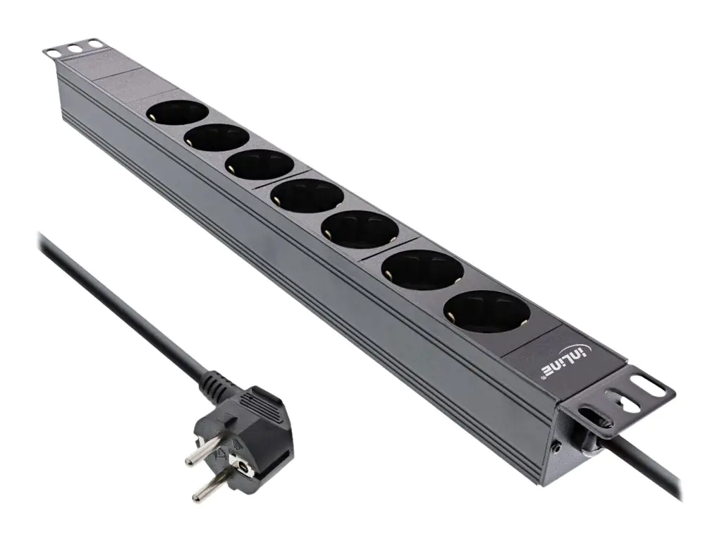 InLine - Steckdosenleiste (Rack - einbaufähig) - 3680 Watt - Eingabe, Eingang power CEE 7/7 - Ausgangsanschlüsse: 7 (7 x Stecker) - 1U - 48.3 cm (19") - 2 m Schnur - Schwarz, RAL 9004