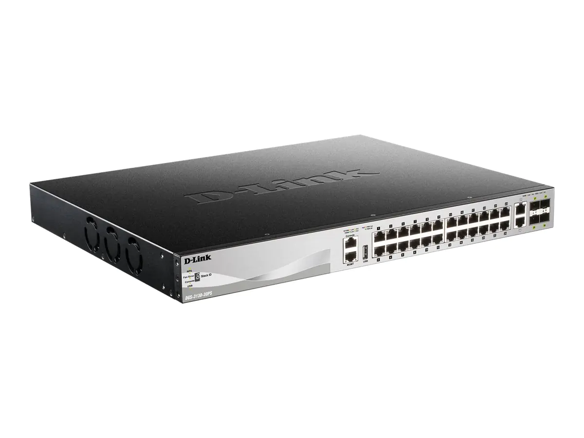 D-Link DGS 3130-30PS - Switch - L3 Lite - managed - 24 x 10/100/1000 (PoE+) + 2 x 10 Gigabit Ethernet + 4 x 10 Gigabit SFP+ - Desktop, an Rack montierbar - PoE+ (370 W)