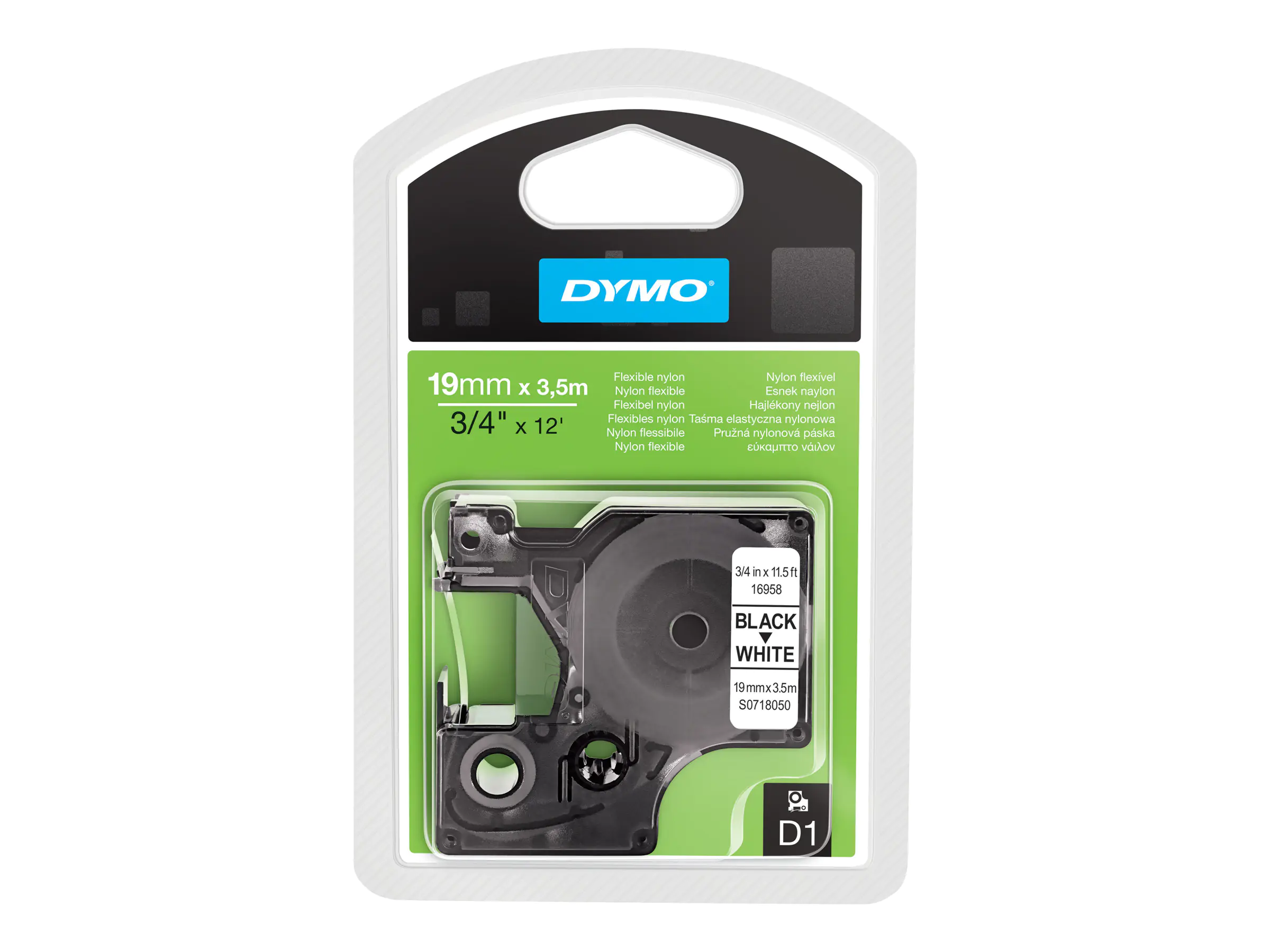 DYMO D1 - Nylon - permanenter Klebstoff - Schwarz auf Weiß - Roll (1.9 cm x 3.5 m) 1 Kassette(n) flexibles Etikettenband - für LabelMANAGER 360D, 420P, 420P Kit, 500TS, PC2, PnP