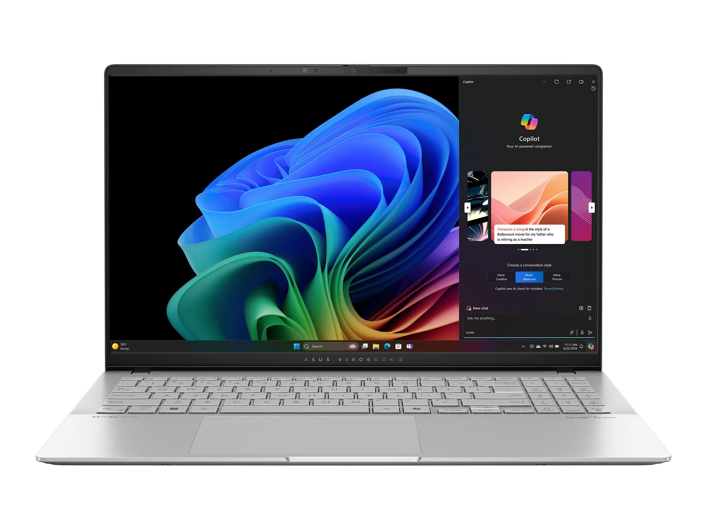 ASUS VivoBook S 15 S5507QA-MA051W - 180°-Scharnierdesign - Snapdragon X Plus X1P-42-100 - Win 11 Home - Qualcomm Adreno - 16 GB RAM - 1 TB SSD NVMe - 39.6 cm (15.6") OLED 2880 x 1620 (3K) @ 120 Hz - Wi-Fi 7, Bluetooth - Cool Silver