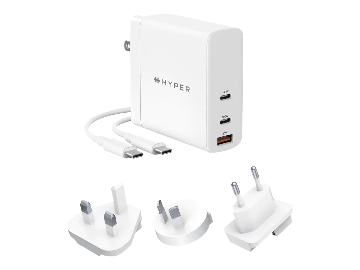 HyperJuice - Netzteil - GaN-Technologie - 140 Watt - Power Delivery 3.1, QC 3.0 - 3 Ausgabeanschlussstellen (USB, 2 x USB-C) - weiß
