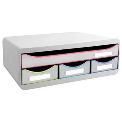 Exacompta Schubladenbox TOOLBOX Mini 4 Schubladen DIN A4 quer Polystyrol Gehäusefarbe: weiß Farbe der Schublade: weiß/harlekin