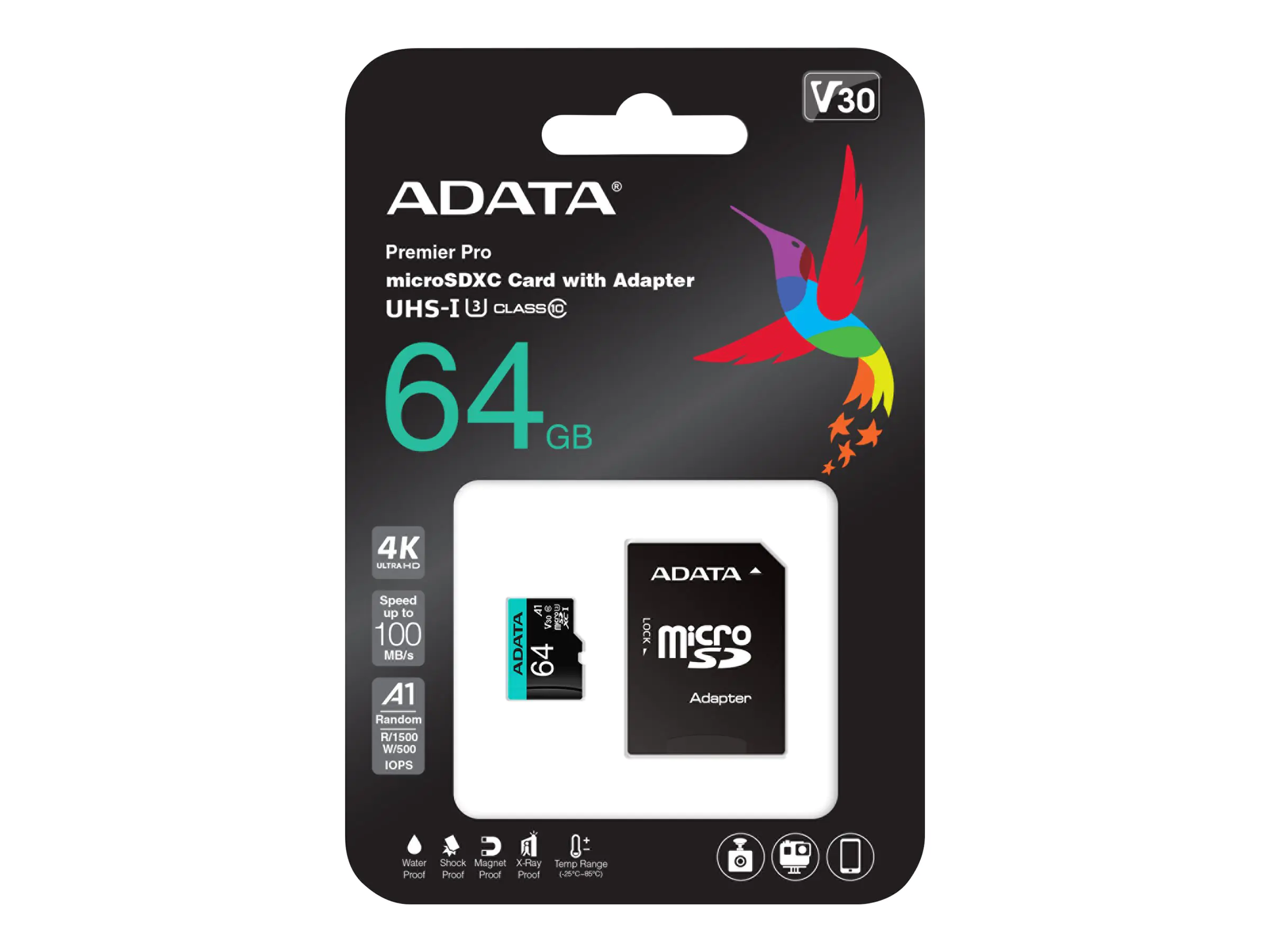 ADATA Premier Pro V30S - Flash-Speicherkarte (SD-Adapter inbegriffen) - 64 GB - A2 / Video Class V30 / UHS-I U3 / Class10 - microSDXC UHS-I