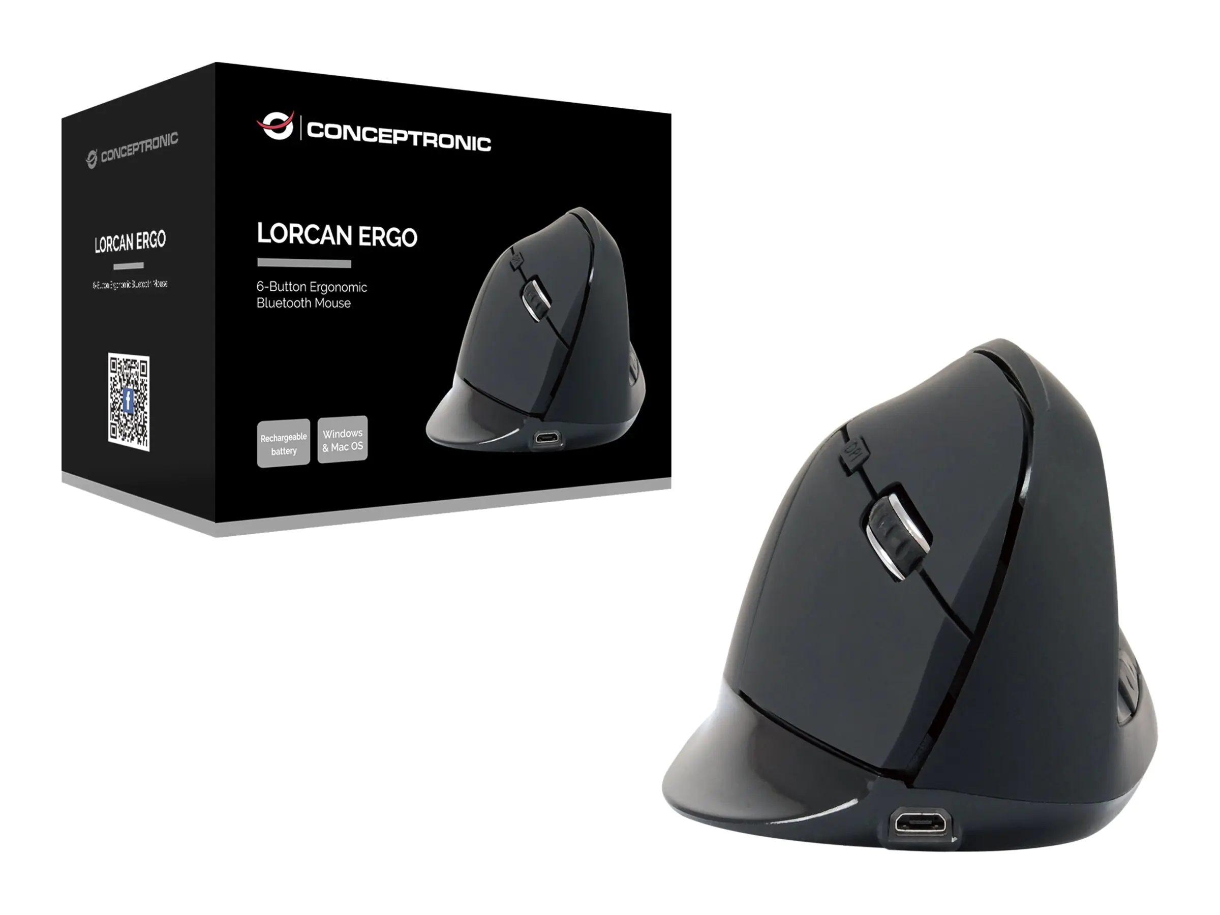 Conceptronic LORCAN03B ERGO - Vertikale Maus - ergonomisch - Für Rechtshänder - optisch - 6 Tasten - kabellos - Bluetooth 5.2 - Schwarz
