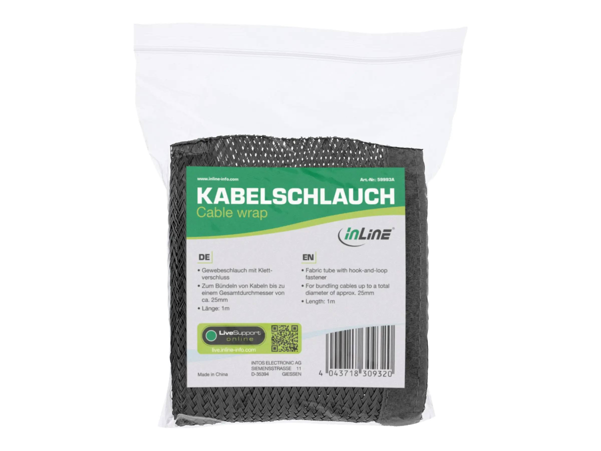 InLine - Kabelschlauch - Gewebeschlauch mit Klettverschluss, 25 mm Durchmesser - Schwarz - 1 m