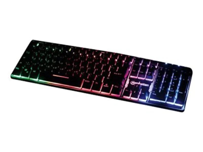 Manhattan Gaming USB Keyboard, Metal Base Edition, 12 Function Keys, Rainbow-LED Backlighting, 19 Anti-Ghost Key Caps, IPX4 (Splashproof) Rating, USB-A, Black, Retail Box (German layout) - Tastatur - hintergrundbeleuchtet - USB - QWERTY - Schwarz - retail