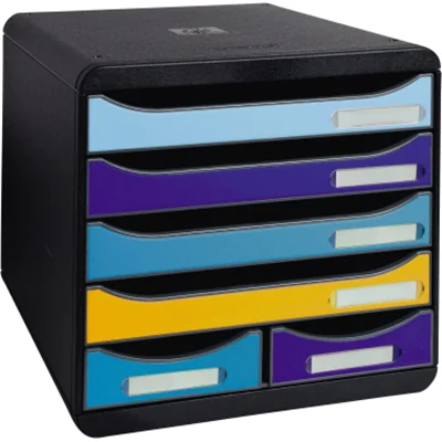 Exacompta Schubladenbox BIG-BOX Maxi 6 Schubladen DIN A4, Überbreite Polystyrol Gehäusefarbe: schwarz Farbe der Schublade: mehrfarbig