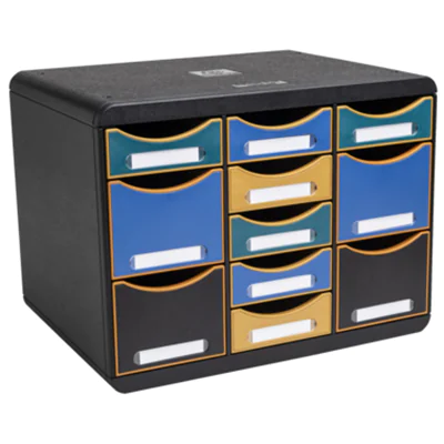 Exacompta Schubladenbox STORE-BOX Multi 11 Schubladen Polystyrol Gehäusefarbe: schwarz Farbe der Schublade: mehrfarbig